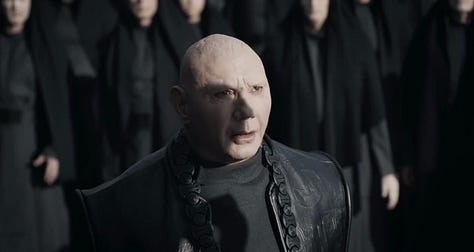 Various characters from House Harkonnen: CRYBABY-WORM-LOOKING Austin Butler in Dune: Part Two (2024), WORMY Dave Bautista in Dune: Part Two (2024)BIG WORM-LOOKING Stellan Skarsgård in Dune: Part Two (2024), 