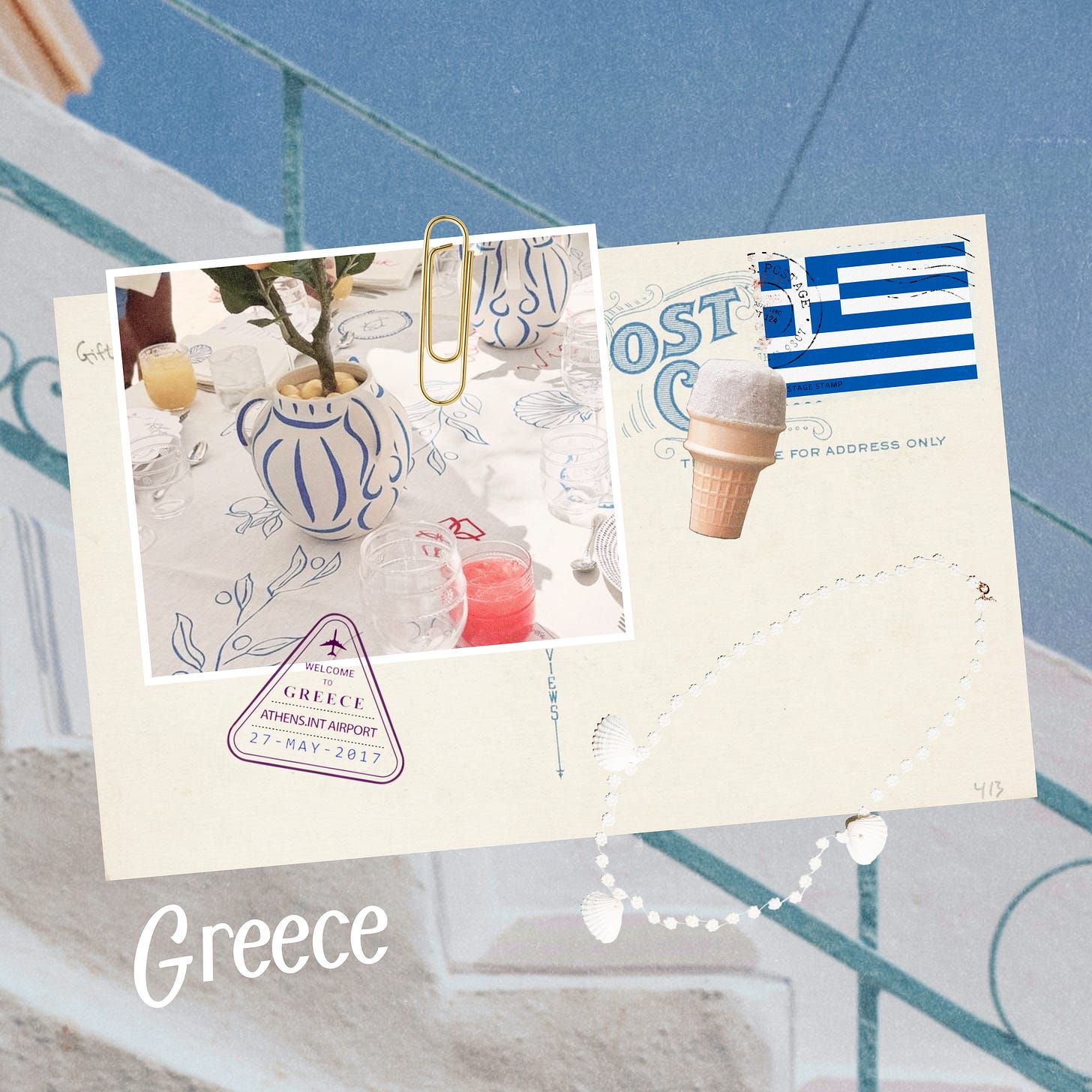 A Greece-themed postcard collage featuring a photo of a blue-and-white tablescape with drinks, a passport stamp, and a Greek flag. A Greece-themed postcard collage featuring a photo of a blue-and-white tablescape with drinks, a passport stamp, and a Greek flag.