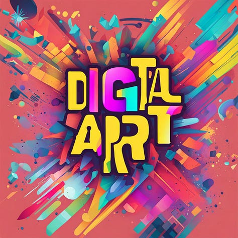 Tulips in a meadow, parrot on a branch, woman pencil sketch, abstract shapes, ice cream shop logo, banner that says "digital art" created by Stable Diffusion XL