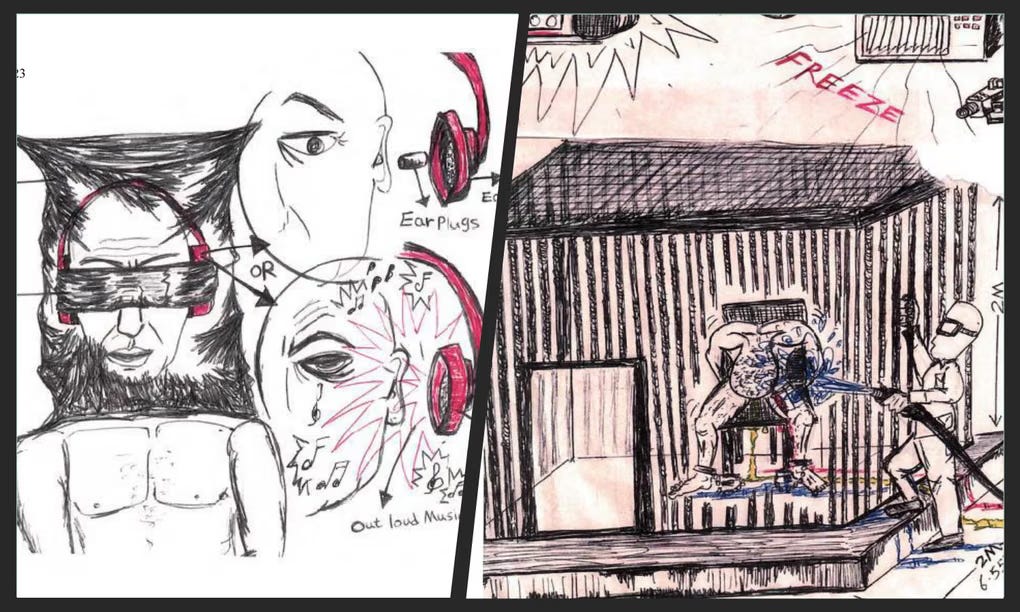 Survivor Abu Zubaydah Drew Illustrations of Physical Constraints Extreme Cold and Participants in the torture