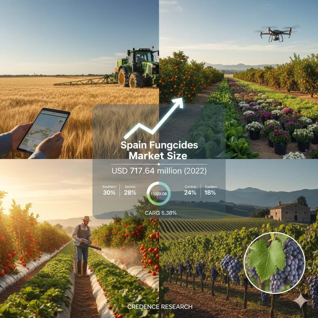 The agricultural sector in Spain, a powerhouse of European food production, is undergoing a profound transformation, one heavily influenced by technological advancements and increasingly stringent environmental standards. At the core of sustaining Spain’s intensive cultivation practices is the Spain Fungicides Market, a segment that has demonstrated impressive resilience and consistent growth. According to a detailed market analysis by Credence Research, this vital market was valued at USD 717.64 million in the base year of 2024, building on a strong foundation from USD 517.05 million recorded in 2018. Looking ahead, the trajectory is steeper, with the market confidently anticipated to breach the billion-dollar mark, projecting a size of USD 1,100.08 million by the end of the forecast period in 2032. This substantial growth is underpinned by a robust Compound Annual Growth Rate (CAGR Spain fungicides) of 5.38% between 2025 and 2032, highlighting the indispensable nature of disease control in modern Spanish farming.  Market Dynamics and the Drive for Sustainable Growth The consistent historical growth, evident in the transition from 2018 to the current market valuation in 2024, is not accidental. It is a direct result of several converging market drivers specific to the Spain agrochemicals landscape. Spain’s position as Europe's primary supplier of fresh produce necessitates high-yield, high-quality output, which in turn demands effective crop protection. Fungal diseases, endemic to many high-value crops like vines, fruits, and vegetables, pose a continuous threat to this productivity. The reliance on advanced fungicides, both synthetic and biological, has been key to securing stable harvests.  A defining characteristic of the modern Spain Fungicides Market is the dual focus on efficacy and sustainability. The European Union’s regulatory framework, particularly the drive toward minimizing chemical residues and promoting Integrated Pest Management (IPM), has been a powerful catalyst for innovation. Companies operating within Spain must demonstrate compliance with EU regulations fungicides, leading to a noticeable shift in product development. This regulatory environment has pushed manufacturers to evolve their extensive product portfolios, favoring newer, safer chemistries and, most significantly, fostering rapid adoption of bio-fungicides Spain. These biological solutions offer growers alternatives that align with consumer demand for sustainably grown food, driving premium growth within the market segment. The Historical Period analyzed by Credence Research (2020-2023) captures a period where these regulatory pressures and subsequent product innovations solidified the market’s expansion.  The Future Forecast: Tapping into a $1.1 Billion Opportunity The fungicides market forecast up to 2032 paints an optimistic picture, predicting an additional growth of nearly $400 million. This projected surge is driven by several macroeconomic and agricultural trends:  Innovation in Bio-fungicides and Novel Chemistries: The CAGR Spain fungicides of 5.38% is indicative of the continued technological advancement. Investments in research and development are yielding more potent and environmentally benign products. The Spanish market is becoming a showcase for the successful integration of biological controls, with bio-fungicides Spain moving from niche products to mainstream crop protection tools. This trend allows farmers to maintain effective disease control while meeting the demanding standards of the EU Green Deal.  Expansion of Export-Oriented Cultivation: A significant portion of Spain's agricultural output, particularly from the southern regions, is destined for export, which demands impeccable quality standards often achievable only through precise disease management. As global food demand grows, and Spain strengthens its position as a reliable supplier, the need for advanced fungicidal treatments will correspondingly escalate.  Climate Change and Disease Pressure: Increasingly erratic weather patterns and warmer temperatures in the Mediterranean basin create ideal conditions for fungal proliferation. This environmental pressure ensures that the demand for fungicides remains non-negotiable for Spanish farmers seeking to mitigate crop losses from diseases like mildew, rusts, and blights. Therefore, the Fungicides Market Size Spain is intrinsically linked to climate-driven disease incidence.  Competitive Dynamics: Giants and Specialists in the Landscape The Spain Fungicides Market is characterized by the powerful presence of global agrochemical leaders. The market is currently spearheaded by major international players, including Syngenta, Bayer CropScience, BASF SE, FMC Corporation, Dow AgroSciences, Adama, and Nufarm. Their dominance is rooted in massive R&D capabilities, which allow them to introduce innovative products rapidly, and their well-established distribution networks across the diverse agricultural regions of Spain.  Local expertise is also critical, with companies like Sipcam Iberica, Atanor, and Indukern playing vital roles. These specialized firms often excel at tailoring products to specific Spanish crop protection needs and managing the complexities of local registration and field trials. The competitive advantage among these players is often gained not just through the chemical composition of their products but also through sophisticated service offerings, including digital farming tools that guide farmers on optimal application timing and dosage. This ensures not only efficiency but also compliance with strict residue limits governed by EU regulations fungicides. The continuous battle for market share fuels the innovation that underpins the forecast growth towards USD 1,100.08 million by 2032.  Regional Segmentation: The Mosaic of Spanish Agricultural Demand The consumption pattern of fungicides in Spain is highly segmented, reflecting the distinct agricultural specializations across the Iberian Peninsula. This regional distribution is crucial for understanding the Fungicides Market Size Spain and is a key focus of the report by Credence Research.  Southern Spain: The Engine of Horticulture Southern Spain commands the largest share of the market, accounting for a significant 30%. This dominance is driven by the region's intense, often protected, fruit and vegetable cultivation Spain. Regions like Andalusia, often referred to as Europe's 'horticultural engine,' specialize in crops like strawberries, peppers, tomatoes, and citrus fruits. These crops, grown for high-value export markets, are particularly vulnerable to fungal pathogens, necessitating year-round preventive and curative fungicidal treatments to guarantee the necessary aesthetic and sanitary quality standards. The economic incentive to protect this export-oriented produce is the primary factor solidifying the region’s market lead.  Northern Spain: The Vineyard’s Shield Following closely, Northern Spain contributes 28% to the overall market. The market here is distinctively shaped by its strong viticulture sector. The need for viticulture fungicides is paramount, as grapes are highly susceptible to diseases such as powdery mildew, downy mildew, and Botrytis cinerea. This region, home to Spain’s most famous wine-producing areas, demands high-quality, specialized products that effectively protect the valuable grape crops without impacting the fermentation process or final wine quality. The consistent investment in vineyard protection ensures a stable demand for high-end fungicidal solutions.  Central and Eastern Spain: Cereals, Citrus, and Ornamentals Central Spain, anchored by the production of cereals and grains, accounts for 24% of the market. While field crops typically require less intensive fungicidal input than high-value horticulture, the large acreage under cultivation ensures substantial volume demand for products targeting rusts and smuts.  Finally, Eastern Spain captures the remaining 18%, focusing on citrus, vegetables, and ornamentals. This region shares a similar high-value crop profile to the South, but with a greater specialization in specific citrus varieties and a flourishing ornamental plant sector, both of which require dedicated and sensitive disease control programs.  Conclusion: Strategic Imperatives for the Fungicides Market The analysis of the Spain Fungicides Market reveals a highly dynamic, yet fundamentally robust, industry poised for significant expansion, evidenced by the forecast to reach USD 1,100.08 million by 2032. The market's growth is being strategically channeled by two forces: the relentless pursuit of higher crop yields to service demanding export markets, and the mandatory pivot towards sustainable, residue-reducing solutions driven by EU regulations fungicides.  For key players like Syngenta, Bayer CropScience, and BASF SE, success in this market will increasingly depend on their ability to deliver advanced bio-fungicides Spain and precision application technologies. The detailed insights provided by Credence Research underscore that the future profitability of this market lies in understanding the complex regional crop profiles—from fruit and vegetable cultivation Spain in the South to the specialized viticulture fungicides in the North—and aligning product strategies with both economic necessity and environmental stewardship. The Spanish agrochemicals sector is not merely growing; it is strategically evolving to become a leader in sustainable crop protection.