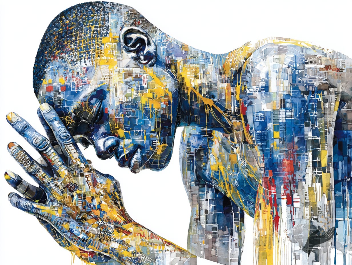 Abstract blue, white, and gold figure bows forward with clasped hands near the face, covered in layered paint-like marks against a light background.
