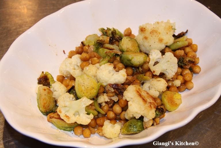 Roasted Brussels sprouts, cauliflower and chickpeas 