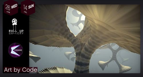 Roll up Gallery and CODAME ART+TECH will present 11 artists in conjunction with our FASHION+MUSIC - Fundraising Event  Art by Code is a triumph of human ingenuity and a tribute to artists who dare to imagine, invent, and test the limits.   When: Wednesday, June 26, 2013 from 6:00 to 9:00 PM  Where: The Public Works SF 161 Erie St, San Francisco, CA  (map)    RSPV: http://codame.eventbrite.com/  Art by Code is about computer code, art & language, digital art, and conceptual art and artists who are pioneering powerful ways in bridging art and technology.  Artists use code as their primary artistic tool. Their creations represent dynamic systems incorporating algorithmic rules, simulation of physical properties, and complex systems theory that are generated by a variety of unique and complex written codes.  We are proud to announce the following artist lineup:Reza Ali,Inigo Quilez, Matthew Cella, Ryan Alexander,  Jon Kuzmich, Josh Nimoy, Antonio Cortez, Tiffany Trenda, Wes Grubbs, Kim Rees, Nolan Love, Kristin Henry  The exhibition curated by:  Hanna Regev (http://thefutureimagined.com/) Bruno Fonzi, CODAME ART+TECH (http://codame.com/) Betty Bigas, Roll Up Gallery (http://publicsf.com/gallery)About CODAME ART+TECH Non-profit events bringing together artists, coders, game developers, creators, performers and musicians to experience the intersection of Art and Technology.Curatorial Statement by Hanna Regev  Art by Code gives us an insight into a changing cyber universe populated by artists who brave new frontiers with their computational skills, and go beyond the limits of commercial software to create their unique codes that center on interactivity and user experiences.  With Art by Code we aim to ignite the imagination of a new emerging generation and keep challenging the conventional ways of thinking about art and making art. The computer as the medium raises a host of intriguing questions and forces us to rethink what is art.  The bay area artists have been generating increasingly complex visual forms with tools that rely on open-source. They use programs such as Java [processes], C++, [OpenFrameworks, Cinder], GLSL, JavaScript and AS3. These forms previously could not been imagined.  The selection here represents a sampling of an explosive field and draws on the latest in computer technology from such fields like fractals, algorithmic processes, software art, generative art, data visualization, 3-D software, and much more.  Art by Code is a triumph of human ingenuity and a tribute to artists who dare to imagine, invent, and test the limits.