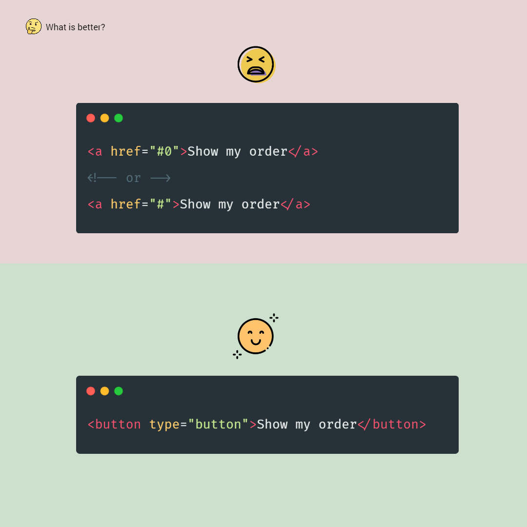 The wrong code. The link. A hash is defined for href. The correct code. The button type button The wrong code. The link. A hash is defined for href. The correct code. The button type button