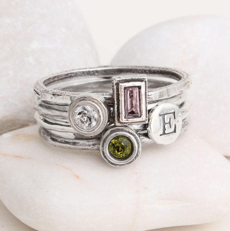 Stack Rings Sterling Silver Stackable Birthstone Ring Initial Ring Mothers Rings Ring for Mom Gemstone Rings BEST SELLER image 1