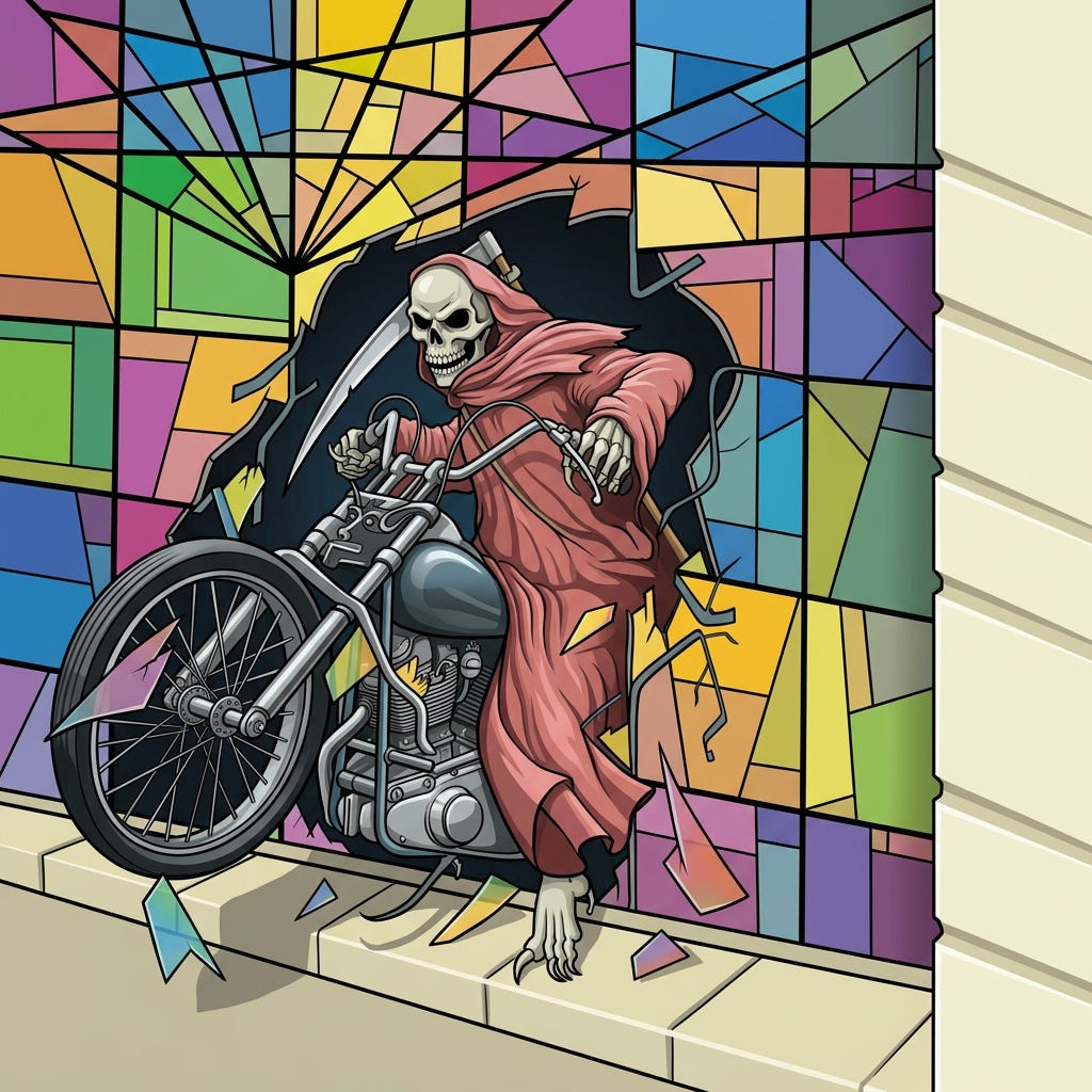 Modern clean illustration of a grim reaper on a motorcycle breaking through a colorful geometric wall, with no text. Modern clean illustration of a grim reaper on a motorcycle breaking through a colorful geometric wall, with no text.