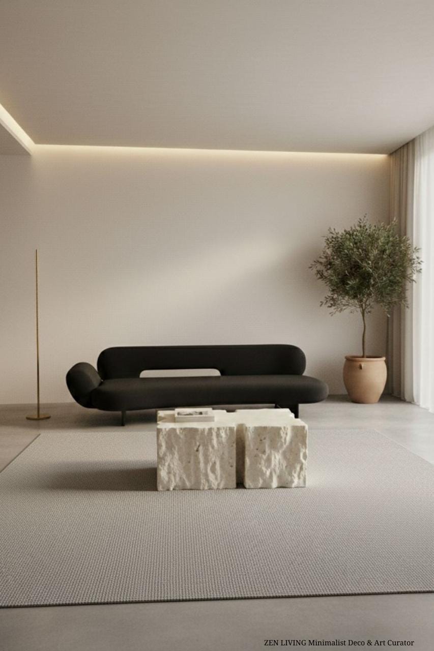 Minimalist living room with a dark curved sofa, a stone coffe table,and a large square textured rug under warm,recessed lighting.
