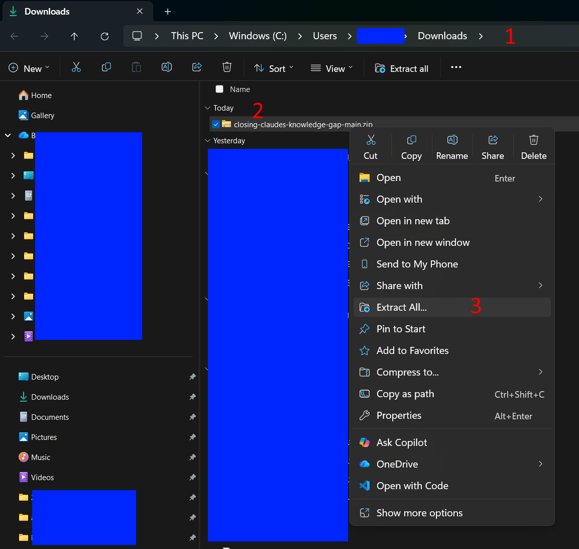 Screenshot of Windows File Explorer open to the Downloads folder, with three red-numbered annotations: 1 highlights "Downloads" in the address bar, 2 points to the downloaded ZIP file named "closing-claudes-knowledge-gap-main.zip," and 3 marks the "Extract All…" option in the right-click context menu. Some folders in the left sidebar are redacted with blue boxes for privacy.