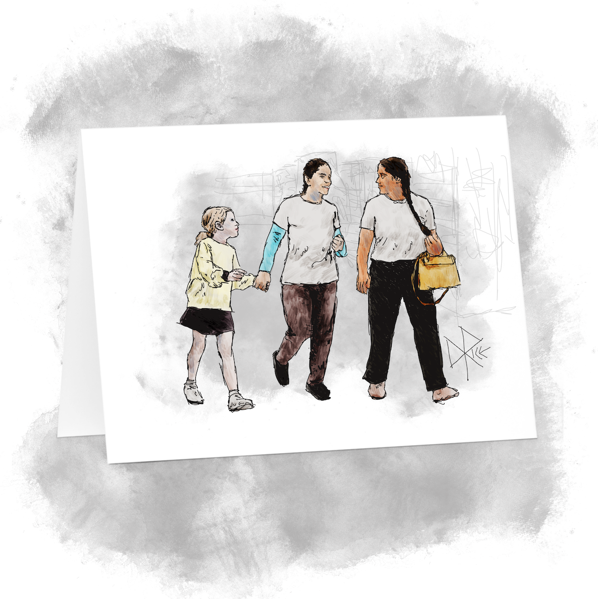 As they hold hands, a young girl attentively listens to a woman as they walk. The woman is talking to another woman who walks with them. Sketch art by Don Rice.