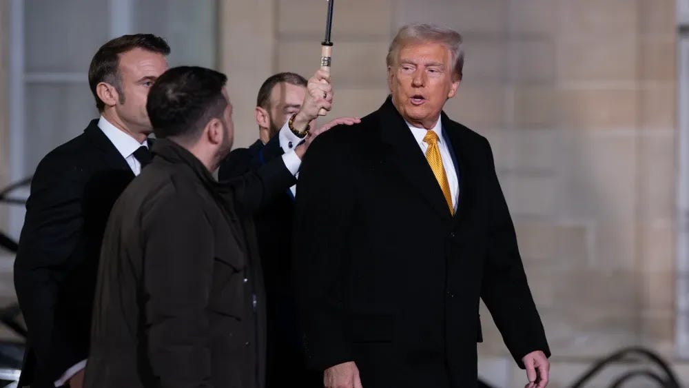 O presidente Donald Trump se encontrou com o presidente ucraniano Volodymyr Zelensky (segundo da esquerda) em dezembro em Paris, antes de tomar posse. Shutterstock