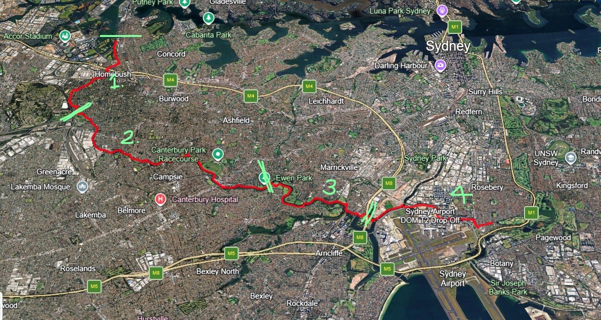 Cooks River Trail shown on Google Earth Cooks River Trail shown on Google Earth