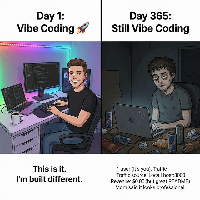 r/ChatGPT - vibe coding day 1 vs Day 365