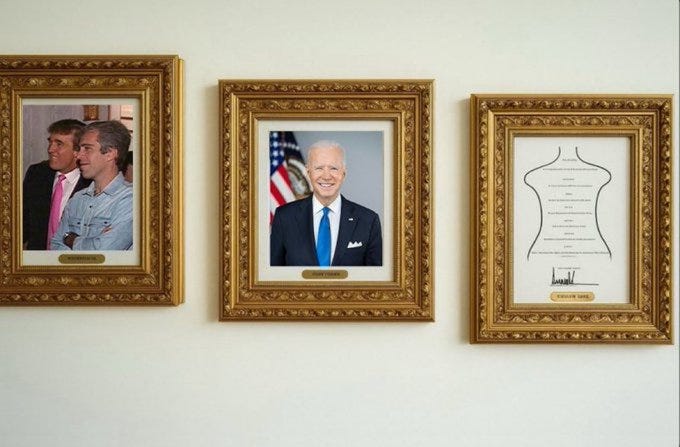 Three ornate gold frames on a wall. The left frame contains a photo of Donald Trump and an unidentified man in a suit. The center frame holds a photo of Joe Biden in a suit with an American flag in the background. The right frame displays a line drawing of a torso with text below it, labeled "Donald J. Trump".