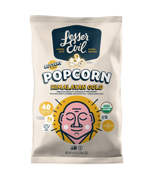 A bag of LesserEvil Himalayan Gold Organic Butter Flavor Popcorn, made with coconut oil and plant-based butter, features a stylized face and highlights organic, 40 calories per cup, and buttery salt flavor.