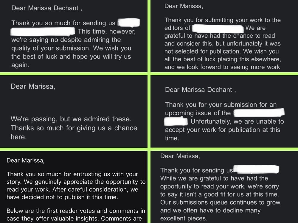Six generic writing rejection emails sent to the author.