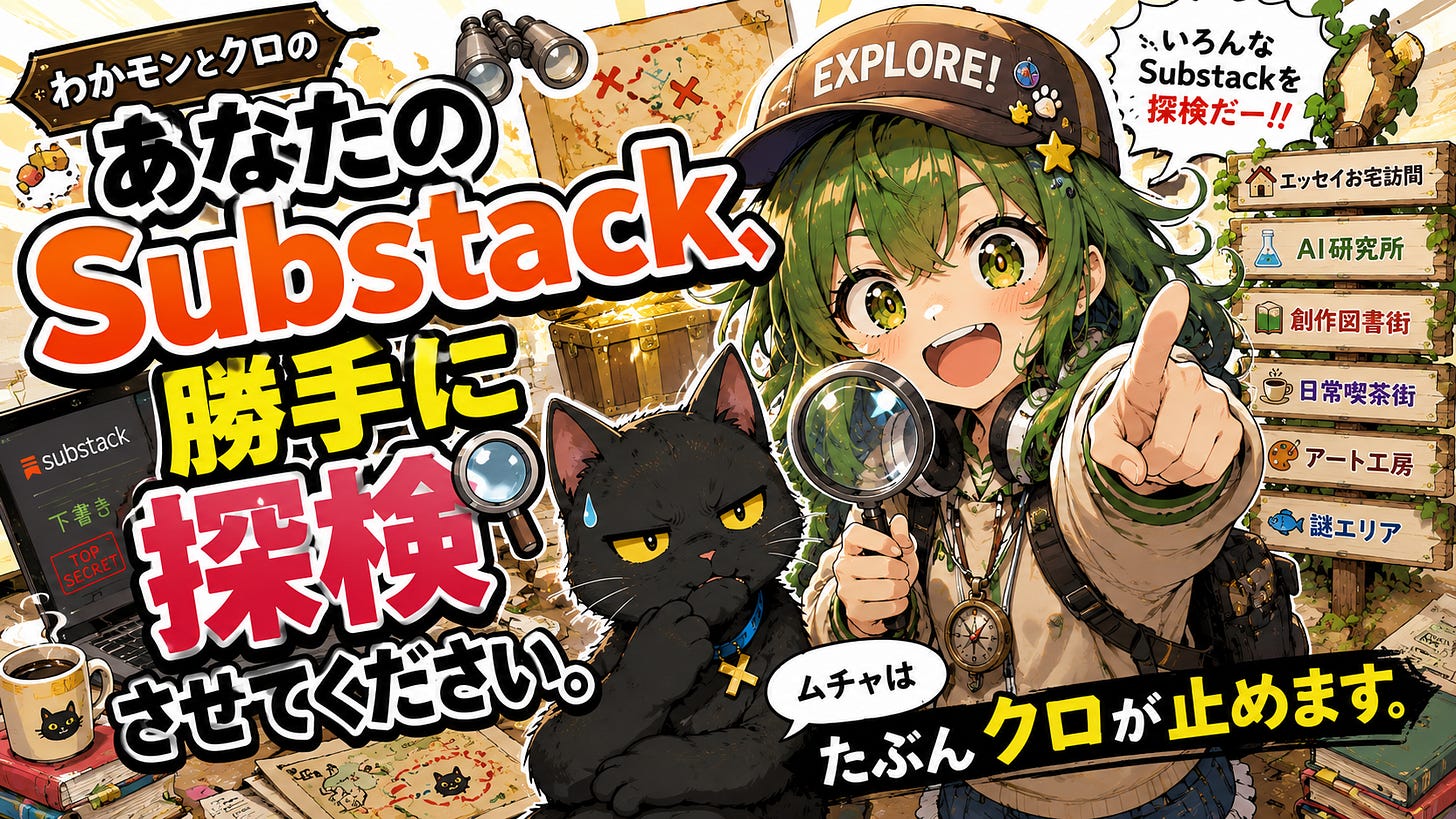 あなたのSubstack、勝手に探検させてください!!ムチャはたぶんクロが止めます あなたのSubstack、勝手に探検させてください!!ムチャはたぶんクロが止めます