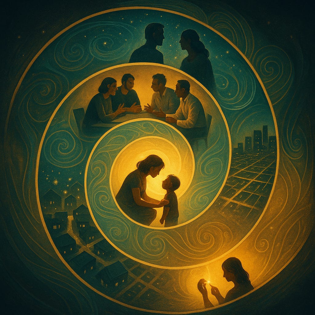 Symbolic artwork showing a glowing spiral of human connection. At the centre, a woman kneels before a child in warm golden light. Around them, other figures appear in conversation, reflection, and companionship, all connected by swirling blue and gold currents that weave through cityscapes and starlit skies — representing the continuity of relationships and recognition loops across generations.