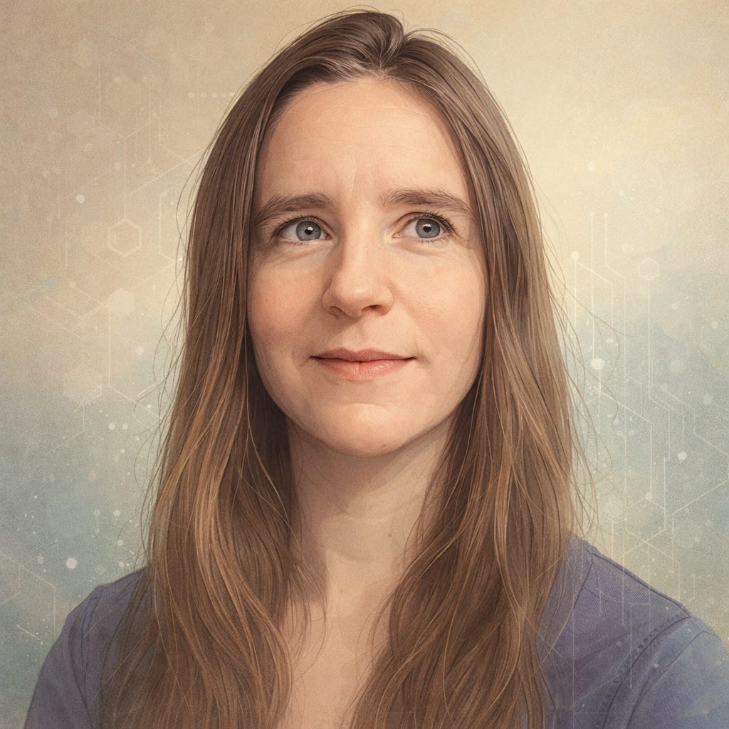 A semi-realistic illustrated portrait of a woman shown from the shoulders up, facing forward with a calm, thoughtful expression and a slight, reflective smile. She has long brown hair worn loose and a natural, scholarly appearance. The background is soft and muted, featuring faint geometric and line-based patterns that subtly suggest analytical or AI-related motifs without drawing attention away from her face. The overall tone is gentle, contemplative, and professional, suitable for an academic or higher-education context. A semi-realistic illustrated portrait of a woman shown from the shoulders up, facing forward with a calm, thoughtful expression and a slight, reflective smile. She has long brown hair worn loose and a natural, scholarly appearance. The background is soft and muted, featuring faint geometric and line-based patterns that subtly suggest analytical or AI-related motifs without drawing attention away from her face. The overall tone is gentle, contemplative, and professional, suitable for an academic or higher-education context.