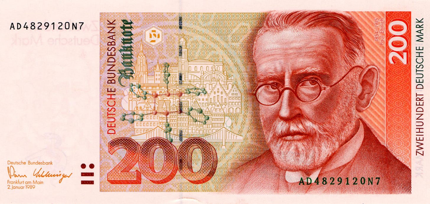 A 200 Deutsche Mark banknote issued by the Deutsche Bundesbank, featuring a portrait of Paul Ehrlich on the right side. The note includes intricate architectural illustrations of German buildings in the background, with the denomination "200" prominently displayed in red. The text "Deutsche Bundesbank" and the signature of Hans Tietmeyer, dated 2 January 1989, are visible on the left. The serial number "AD4829120N7" appears on both sides.