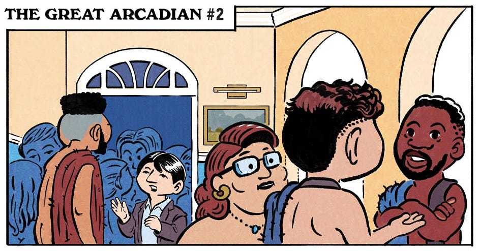 A panel from The Great Arcadian shows residents gathering in the apartment building's lobby before a tenants' meeting. Several neighbors chat in small groups as newcomers begin introducing themselves. A panel from The Great Arcadian shows residents gathering in the apartment building's lobby before a tenants' meeting. Several neighbors chat in small groups as newcomers begin introducing themselves.