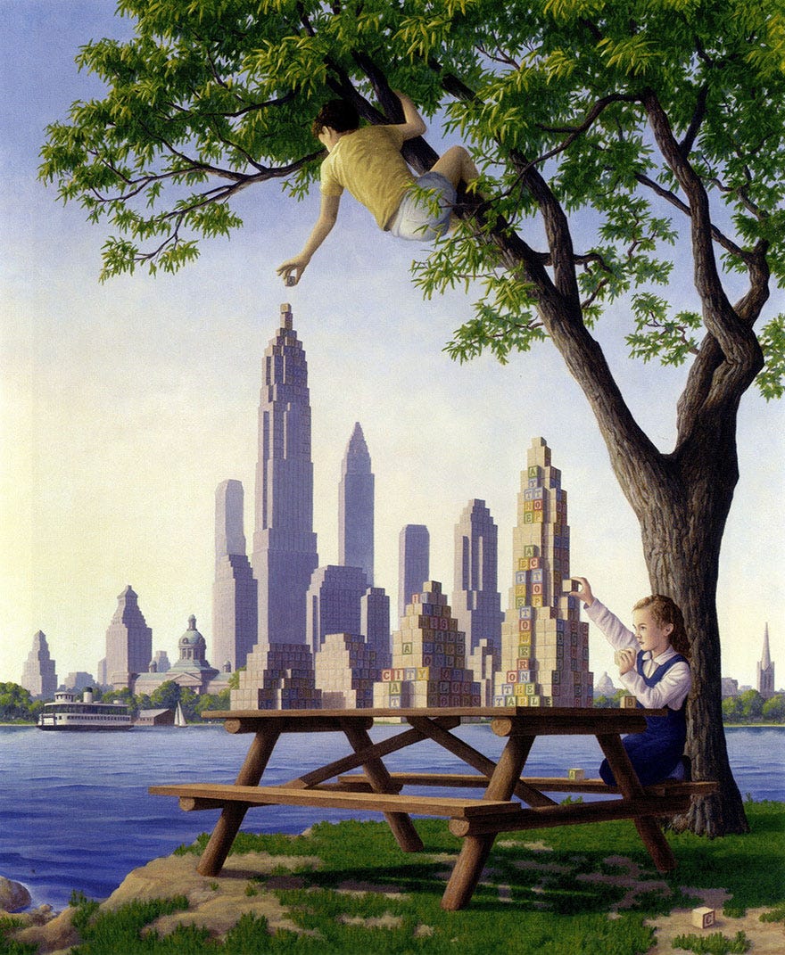 Child building a city with blocks at a picnic table, blending into a skyline; an optical illusion artwork by Rob Gonsalves.