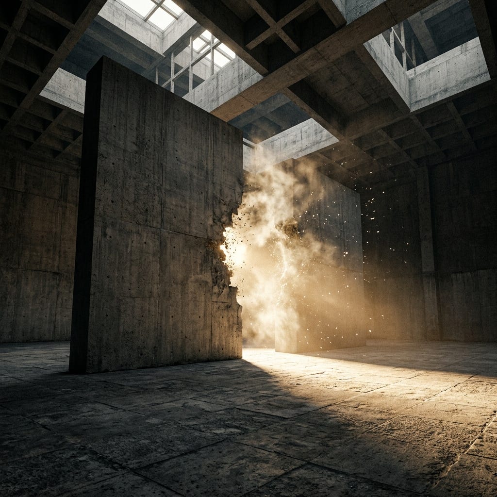 The Permeable Wall: A monumental concrete partition wall in a vast gallery space, its center dissolving into a misty fog of light particles as warm light shines through, with a massive ceiling structure appearing to float unsupported above it.