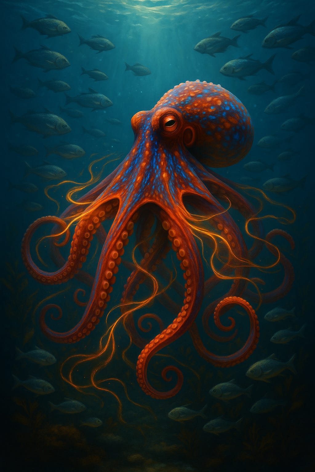 A hyper-realistic underwater illustration of a vibrant red-and-blue octopus suspended in deep blue water. Its arms swirl gracefully in long, fluid spirals, illuminated by glowing golden tendrils that trail from its movements like energetic filaments. Schools of fish circle in the background as rays of light descend from the surface, giving the octopus an aura of intelligence and quiet power.