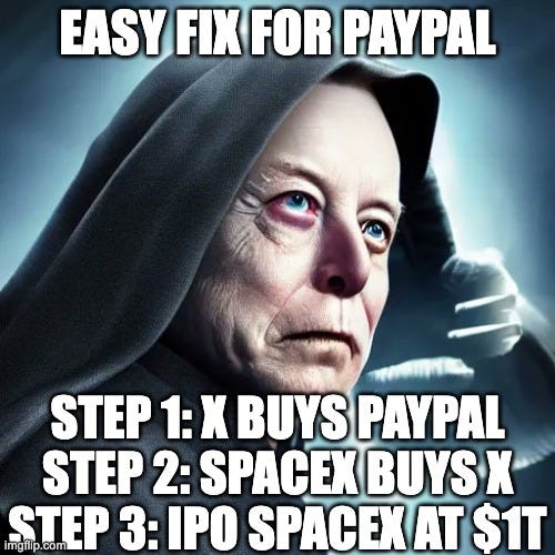 Humorous meme about PayPal turnaround showing Elon Musk parody with text suggesting X buys PayPal, SpaceX buys X, and a $1T IPO, illustrating speculative narrative in a PayPal (PYPL) deep dive investment thesis and post-mortem analysis.