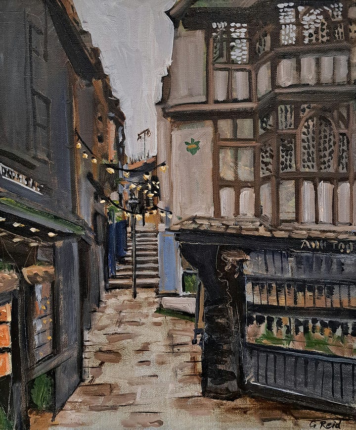 Images of 1) Gail painting on a boat, 2) the painting from the boat, 3) a view towards Bath Abbey, 4) a painting of Christmas Steps, Bristol