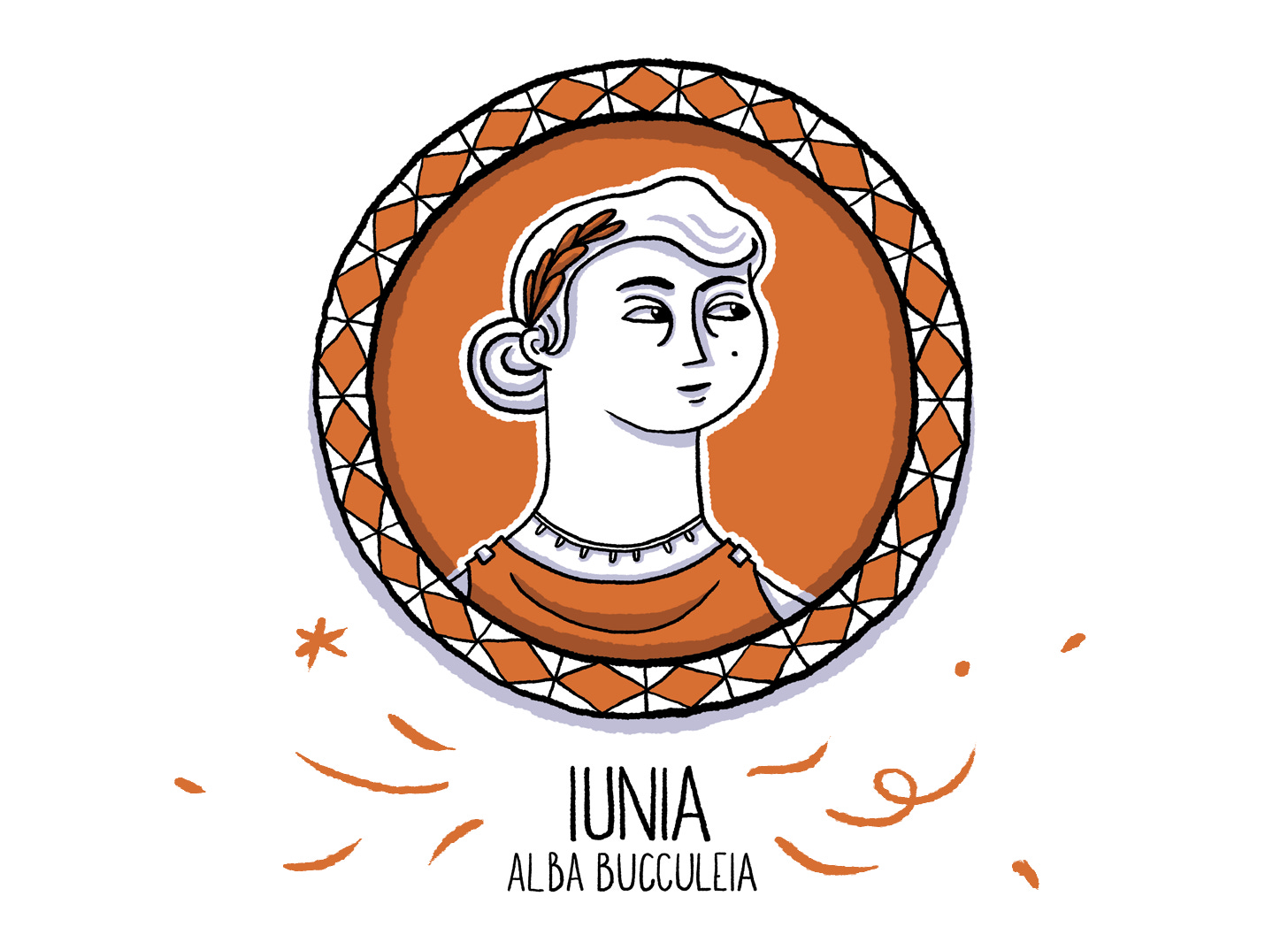 Woman in Time comic character representing the Ancient Era, 2nd Century CE, Roman Empire called Iunia Alba Bucculeia. She has a branch of olive in her hair and a delicate neckless with little spikes. Her dress is clamped at the shoulders. Her colour is a rusty orange.