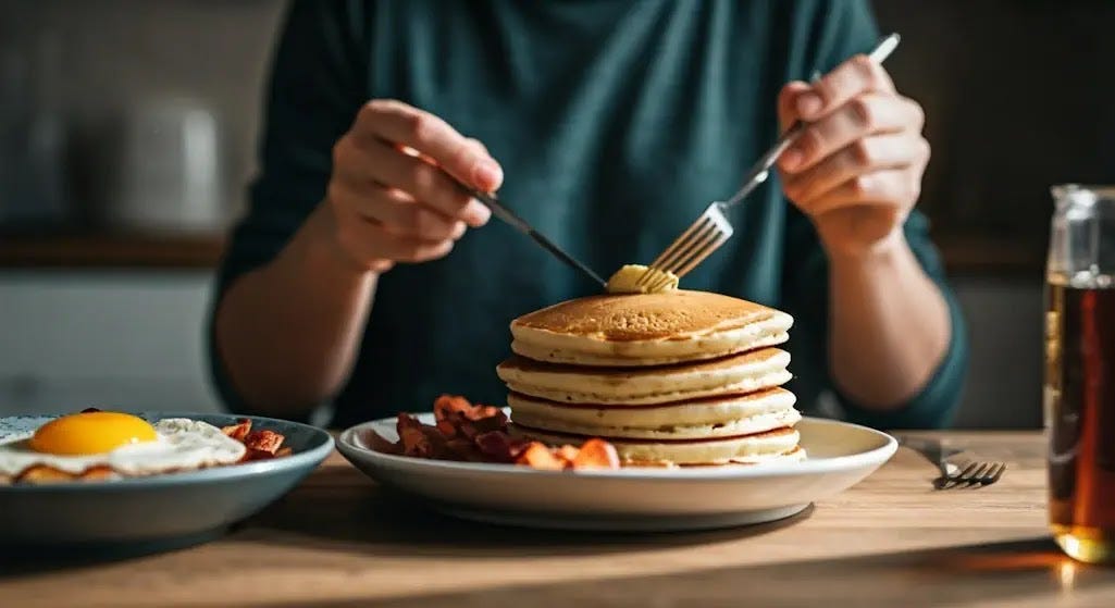 The Breakfast Table: A Morning Ritual The scene depicts someone at the breakfast table enjoying pancakes, crispy bacon, and eggs.