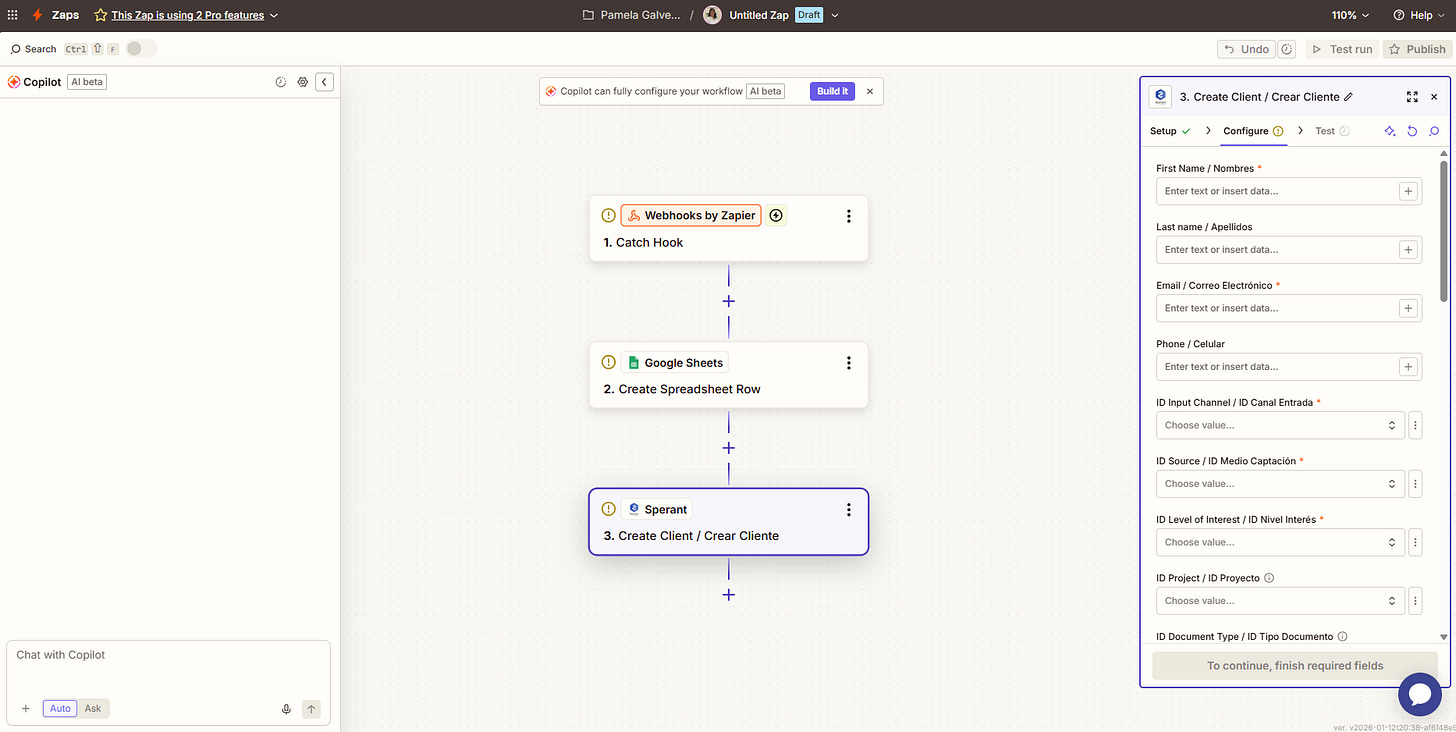 Integración Zapier entre Webflow - Google Sheets - Sperant
