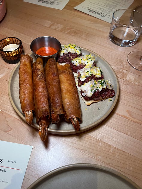 photo of dumplings, photo of two woman on stage for poog podcast, and photo of lumpiang and steak tartare