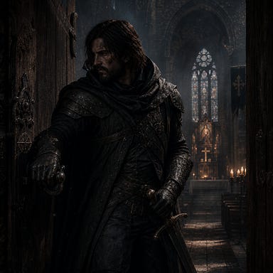 Brooding knight Fleetwood at St. Andral's sanctuary threshold, one hand on the iron latch, the other tightening around his sword’s worn hilt. Gothic church interior behind him, dim candlelight, stone arches, drifting dust motes. Mood somber, Barovian, tense, no graphic content.