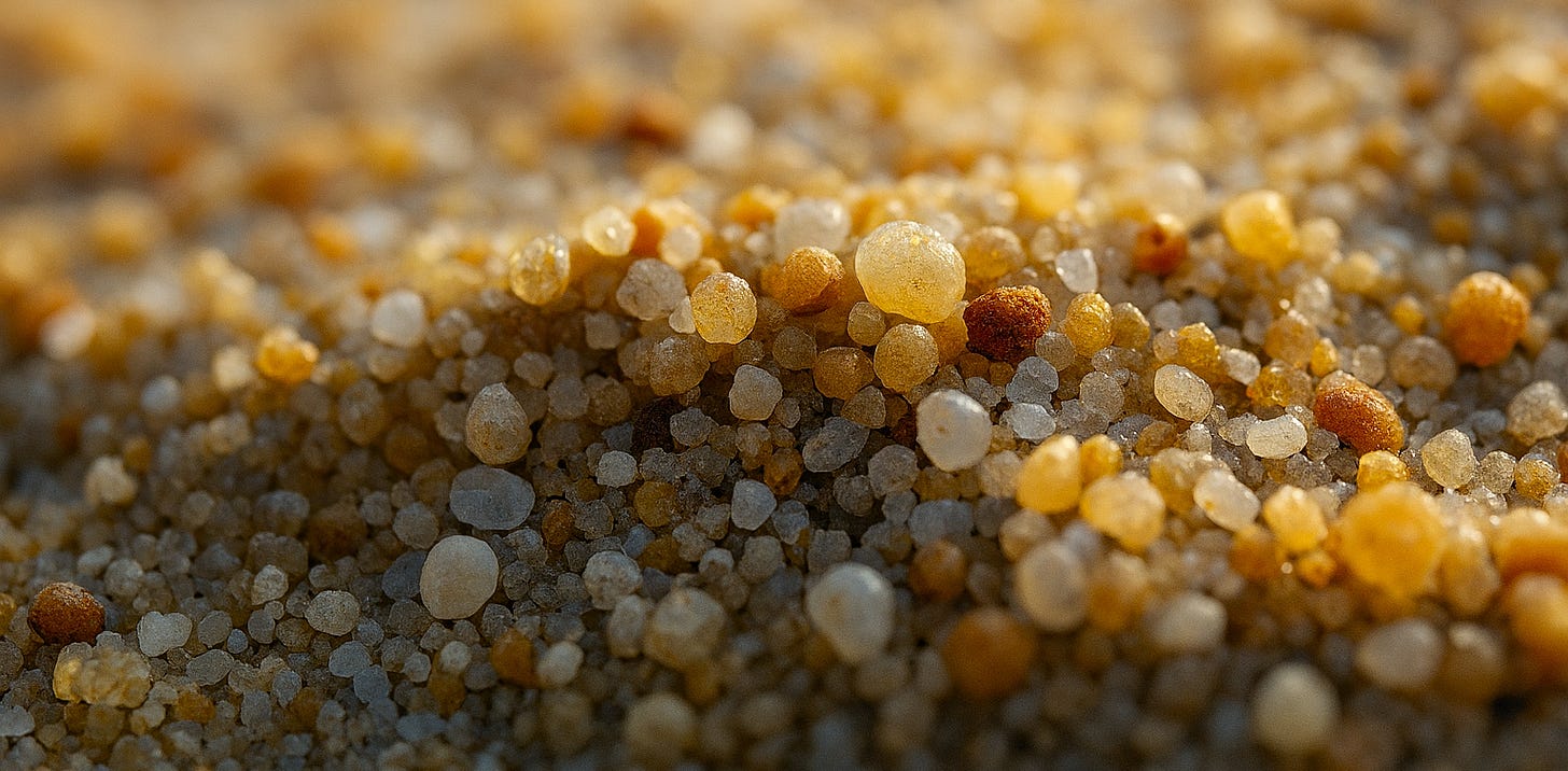 Macro photograph of colorful sand grains of various sizes clustered together