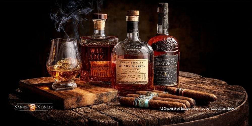 Glass of bourbon with bottles of Wild Turkey 101, Maker’s Mark, and Rittenhouse Rye, paired with Oliva Serie V, Arturo Fuente Hemingway, and Alec Bradley cigars. Glass of bourbon with bottles of Wild Turkey 101, Maker’s Mark, and Rittenhouse Rye, paired with Oliva Serie V, Arturo Fuente Hemingway, and Alec Bradley cigars.