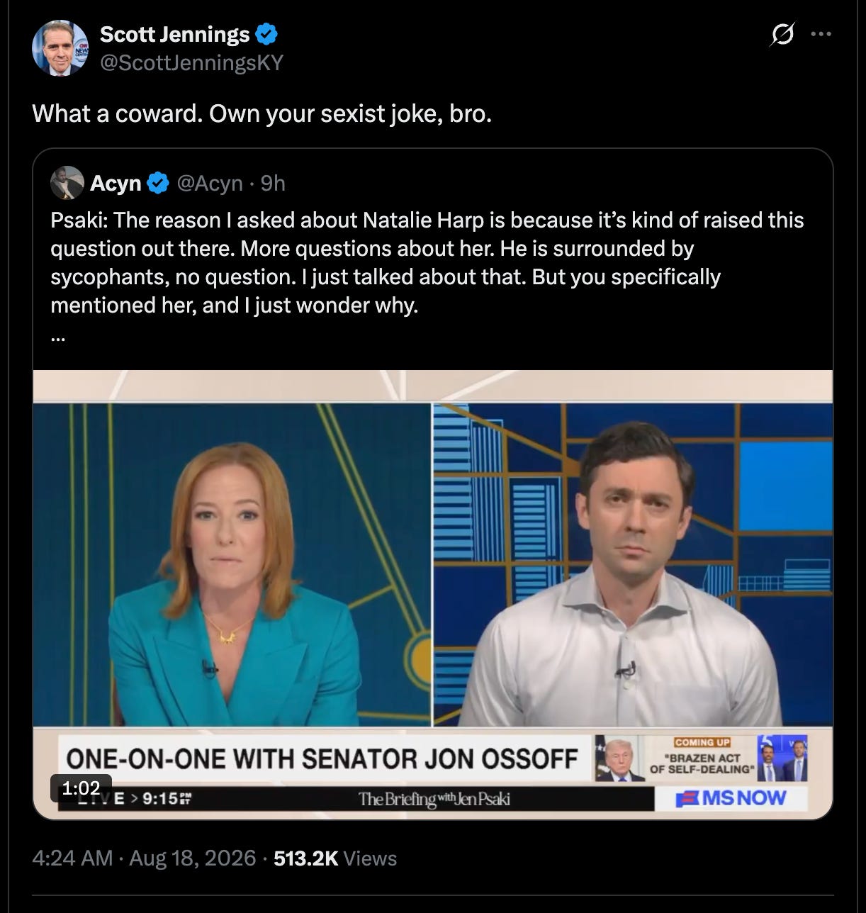 Jennings: What a coward. Own your sexist joke, bro. Jennings: What a coward. Own your sexist joke, bro.