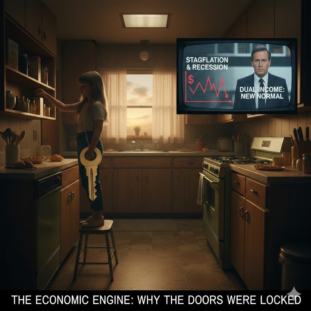 Latchkey child standing on stool in 1970s kitchen with oversized house key watching economic news on TV representing Gen X feral generation unsupervised childhood Latchkey child standing on stool in 1970s kitchen with oversized house key watching economic news on TV representing Gen X feral generation unsupervised childhood