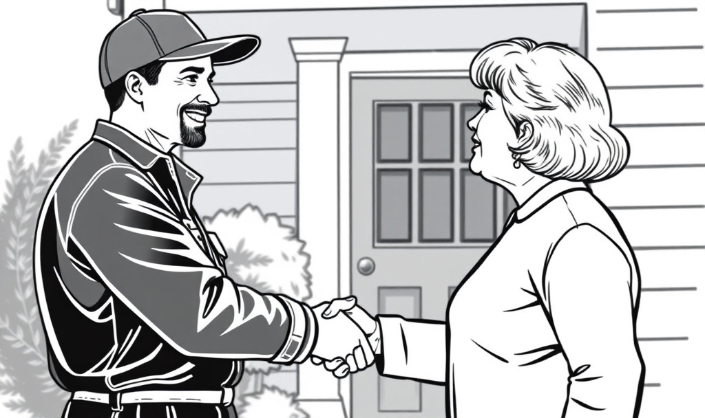 a neatly uniformed service tech greets the mature homeowner a neatly uniformed service tech greets the mature homeowner