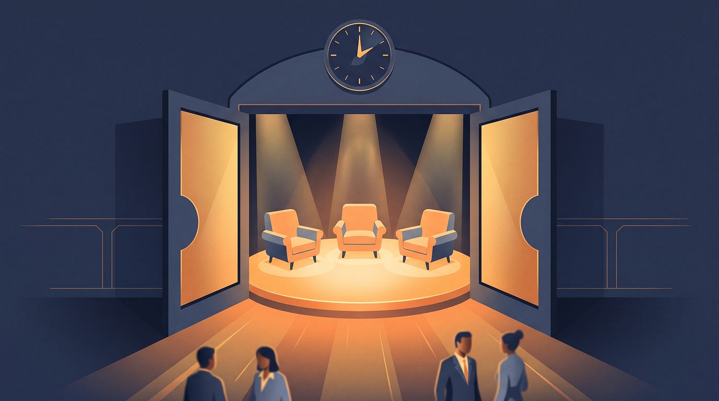 Doors opening onto a stage with three chairs, clock at one