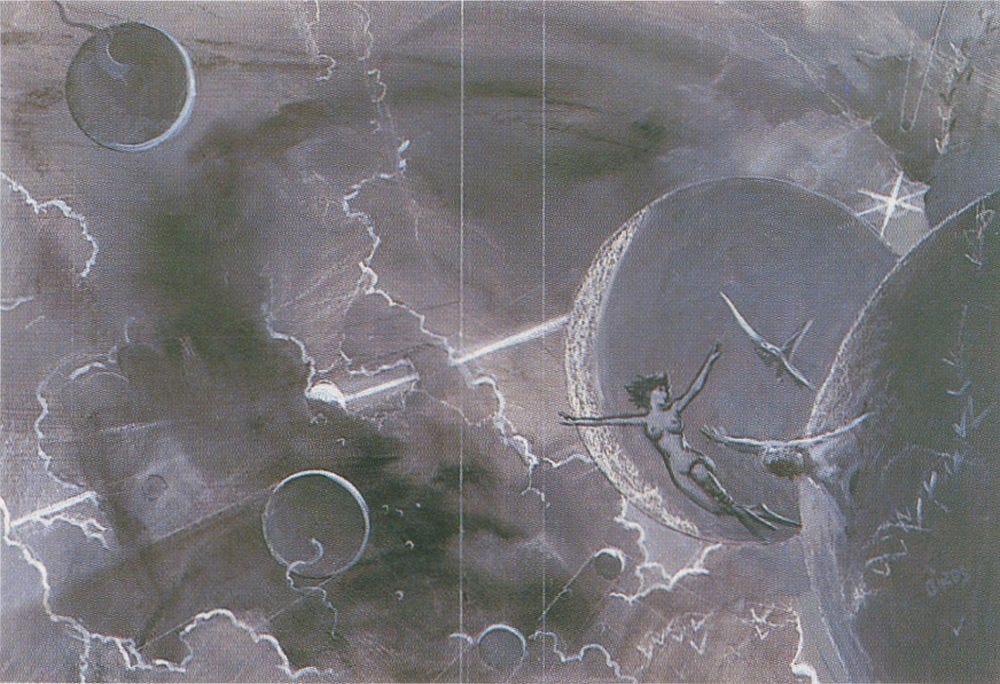 Tonal preliminary concept for THE SMOKE RING featuring the layout of the cover. A pair of vertical lines in white on gray mark where the spine will fall on the dustjacket. The background left lacks the detail of creatures and buildings, only portraying clouds and spheres of plants. The right shows a figure reaching out of a puffball while a nude female playfully avoids the grab. A tilted false horizon is rendered in white connecting a sun partially hidden behind clouds and another smaller starburst. Tonal preliminary concept for THE SMOKE RING featuring the layout of the cover. A pair of vertical lines in white on gray mark where the spine will fall on the dustjacket. The background left lacks the detail of creatures and buildings, only portraying clouds and spheres of plants. The right shows a figure reaching out of a puffball while a nude female playfully avoids the grab. A tilted false horizon is rendered in white connecting a sun partially hidden behind clouds and another smaller starburst.