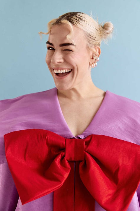 Photo collage of Meg Lewis wearing pink dress, oversized bow, and being goofy on a blue background