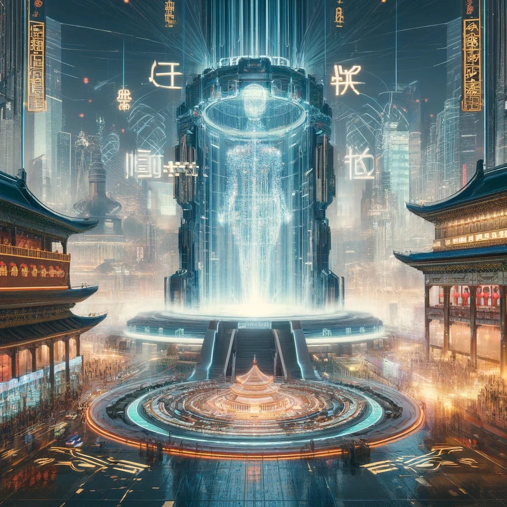Create a visually striking representation of 'Yi', a monumental AI language model situated in China, symbolizing the pinnacle of China's achievements in AI, especially in Chinese language and image processing tasks. The scene is set against a backdrop that blends traditional Chinese elements with futuristic technology. Imagine 'Yi' as a colossal, illuminated structure, its design inspired by both traditional Chinese architecture and cutting-edge technology, radiating with energy and surrounded by holographic displays of Chinese characters and dynamic imagery. This structure is set within a bustling, advanced cityscape, where traditional Chinese motifs and the glow of neon lights coexist, showcasing China's fusion of heritage and its leadership in AI technology.