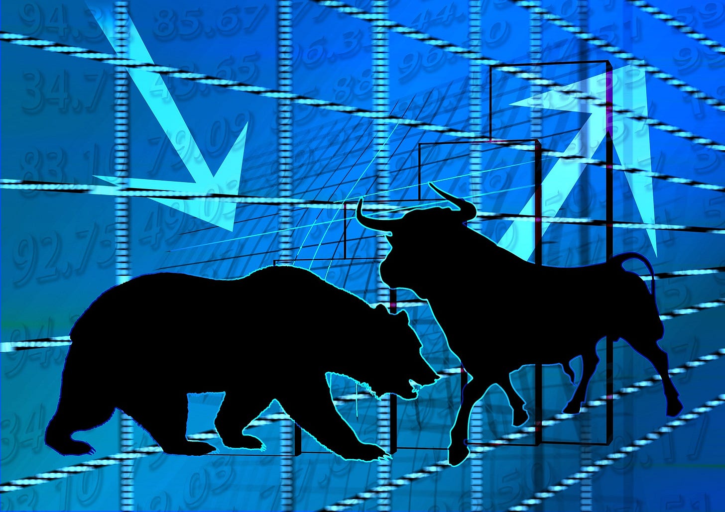 A bull and a bear with a stock market charts in the background