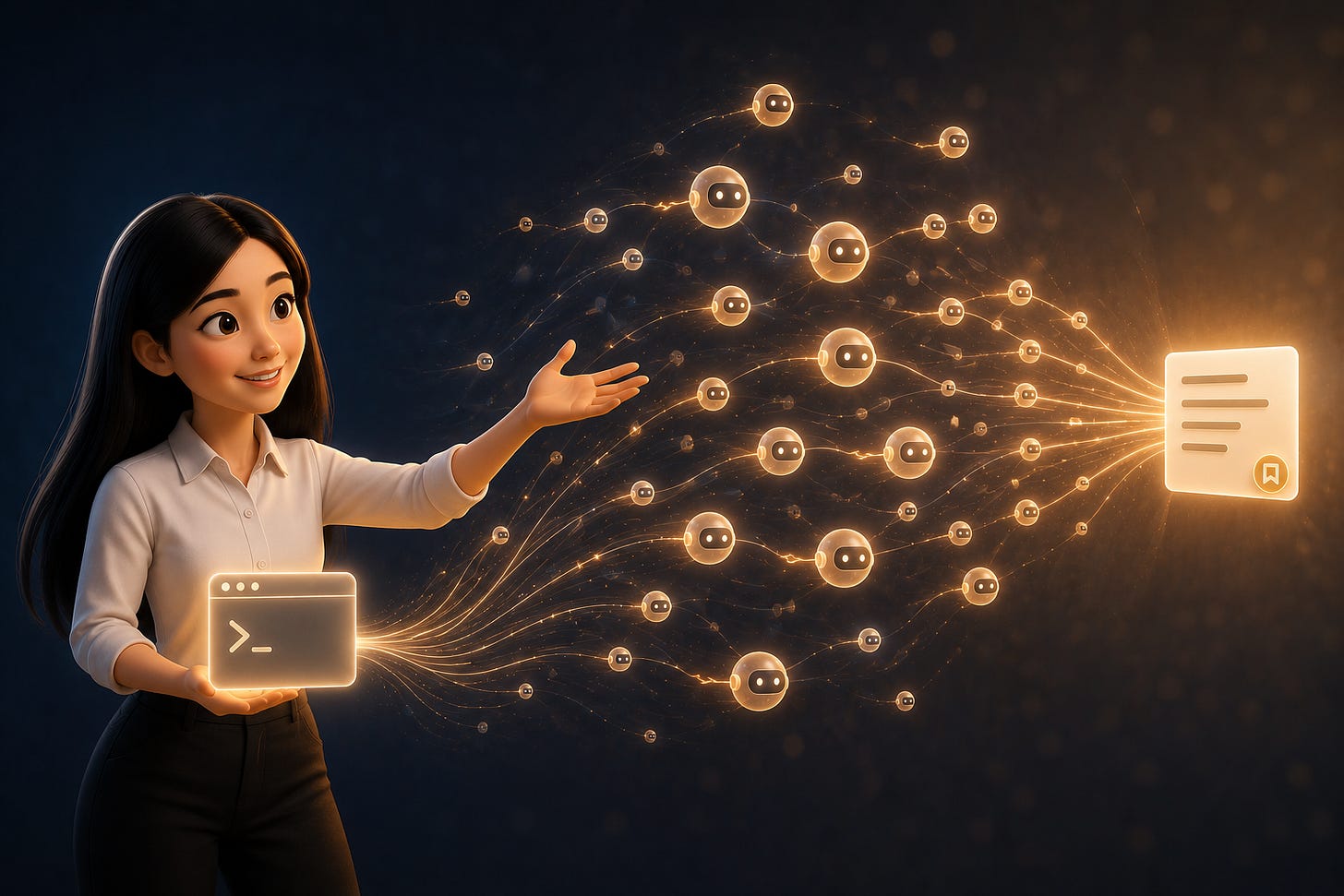 Pixar-style 3D illustration of Jenny Ouyang from Build to Launch conducting a swarm of identical agent orbs fanning out from a glowing terminal, some checking each other in pairs and converging into a single report card, representing one request spinning up a hundred parallel agents that verify their work