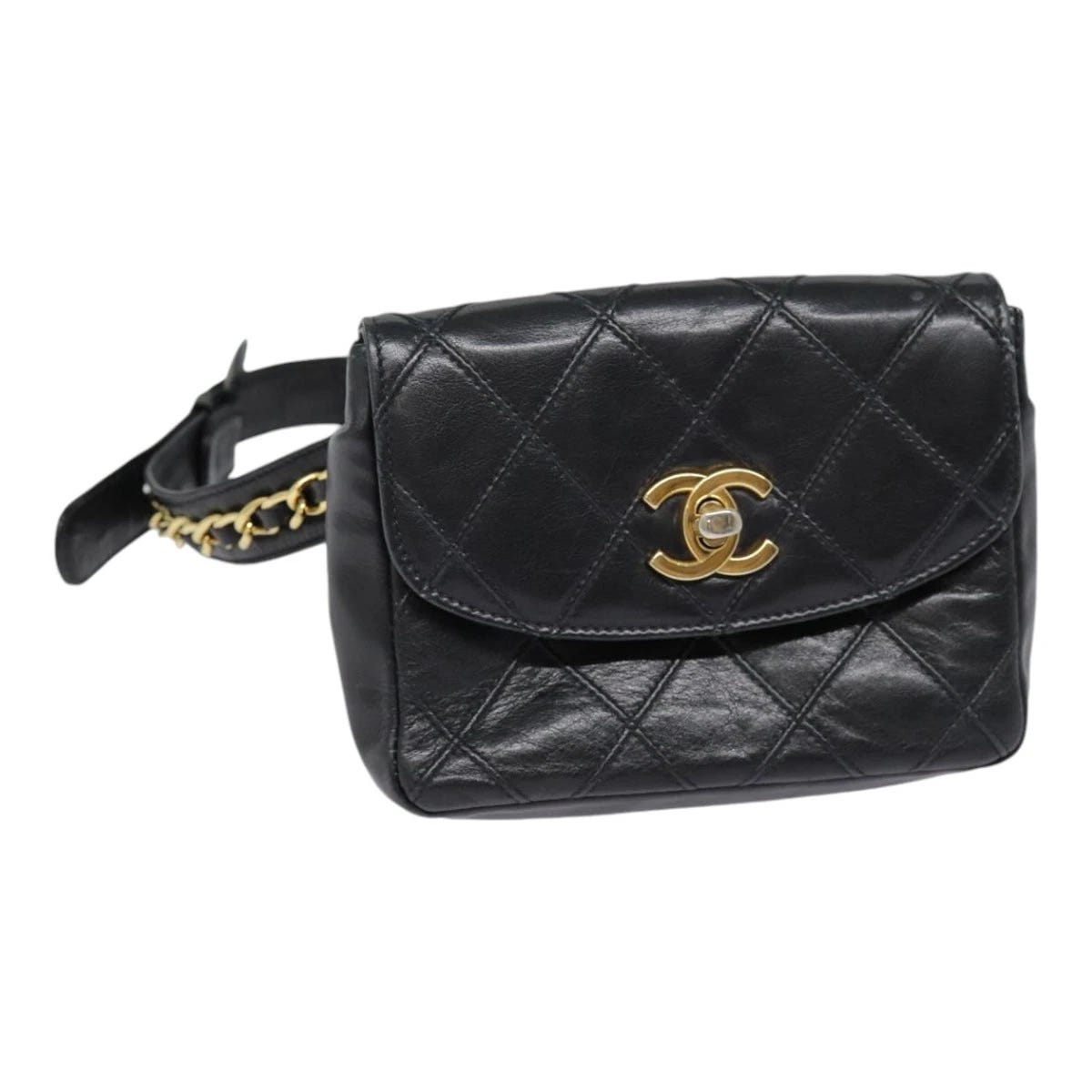 CHANEL Bicolore Turn Lock Chain Waist bag Leather Black Gold CC Auth yk14627 - Picture 1 of 21