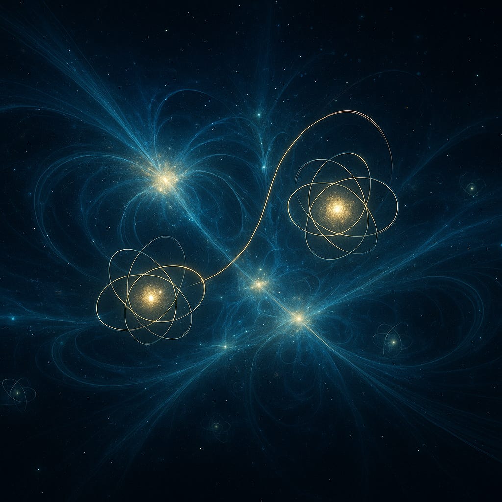 Two glowing atoms linked by a golden filament amid wave interference and field lines, showing patterns densifying into stable recognition loops.
