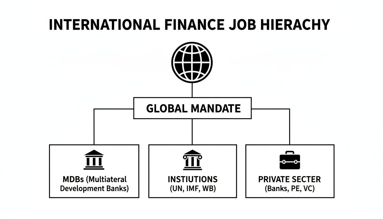 A diagram illustrating the international finance job hierarchy, categorizing roles under global mandate into MDBs, institutions, and the private sector. A diagram illustrating the international finance job hierarchy, categorizing roles under global mandate into MDBs, institutions, and the private sector.