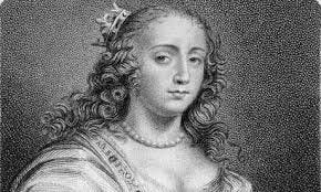 Black and white engraving of woman wearing tiara and pearls